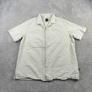 Gap Shirt‎ Mens Large Tan Seersucker Puckered Camp Travel Resort Loop Collar